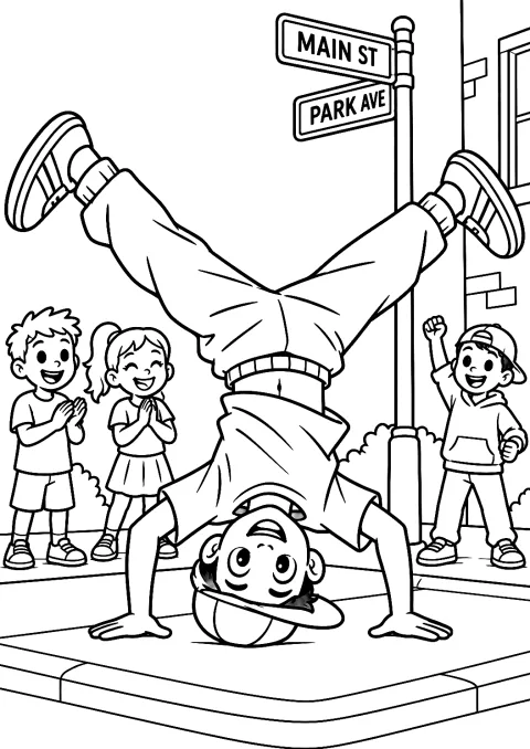 Breakdance-Tänzer beim Kopfstand als Malvorlage – Ausmalbild zum Ausdrucken