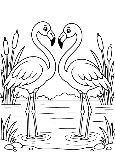 Flamingopaar am Seeufer als Malvorlage – Ausmalbild zum Ausdrucken
