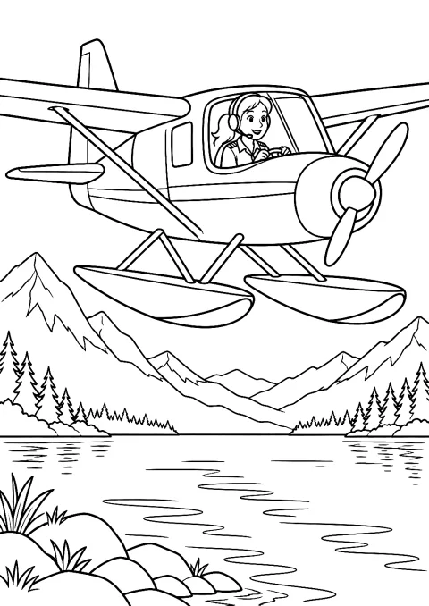 Pilotin beim Landen eines Wasserflugzeugs als Malvorlage – Ausmalbild zum Ausdrucken
